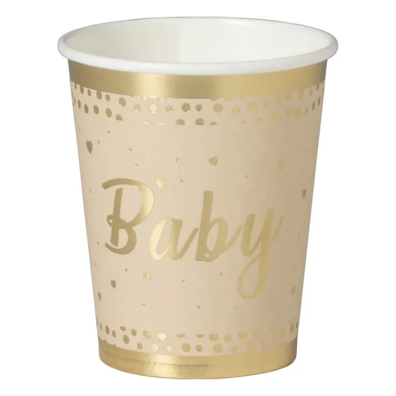 Xenos Wegwerpservies|Babyshower-Bekers baby - papier - bruin/goud - set van 8