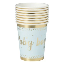 Xenos Wegwerpservies|Babyshower-Bekers baby boy - papier - blauw/goud - set van 8