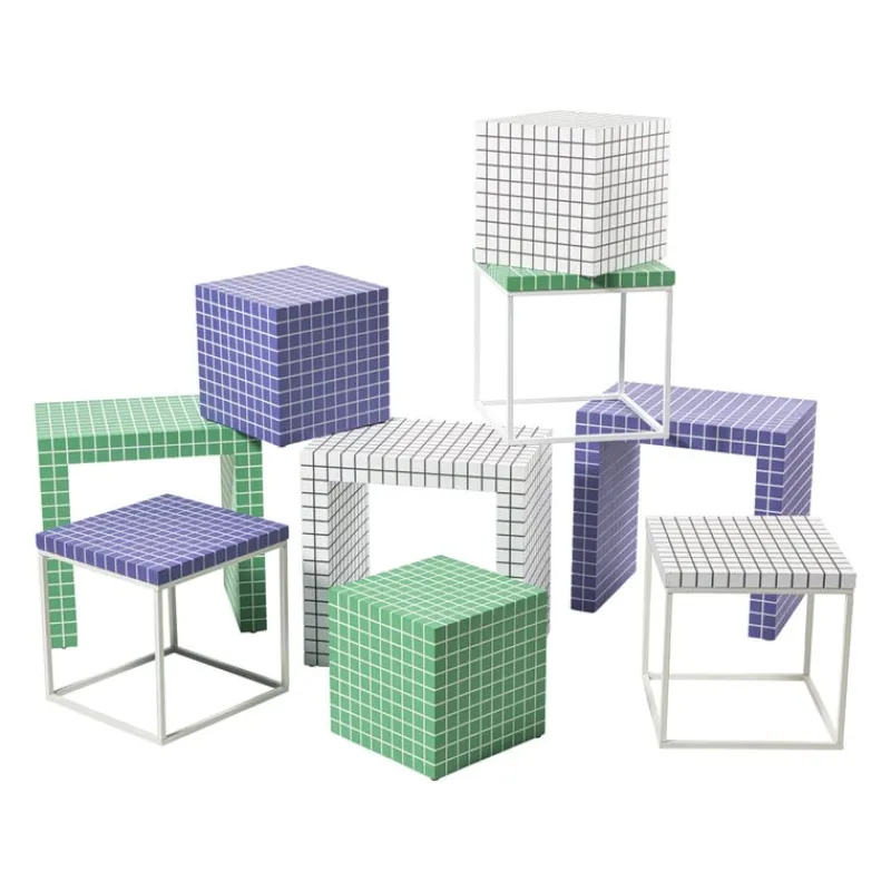 Xenos Bijzettafels-Bijzettafel checks met metalen frame - wit - 36x36x36 cm