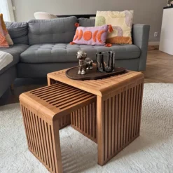 Xenos Bijzettafels-Bijzettafel Japandi groot - bruin - 40x42x35 cm