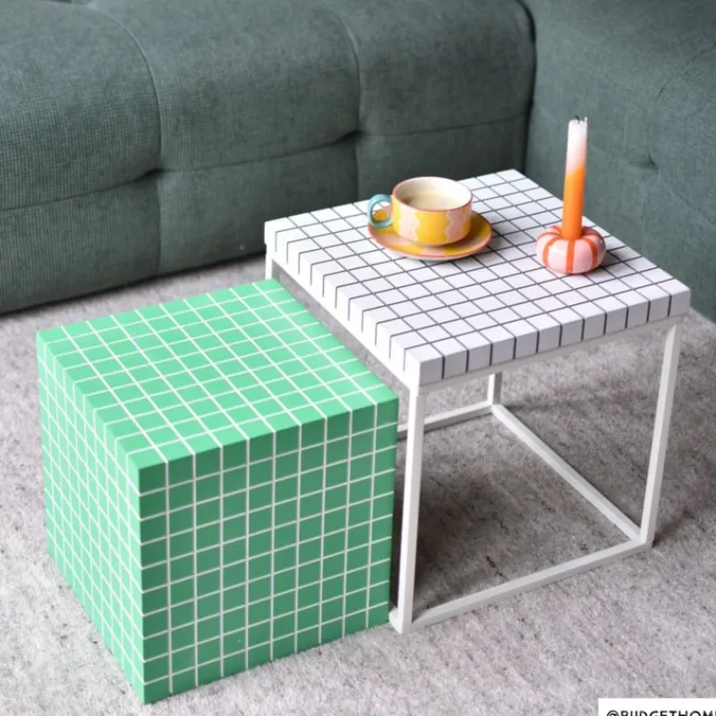 Xenos Bijzettafels-Bijzettafel kubus checks - groen - 30x30x30 cm
