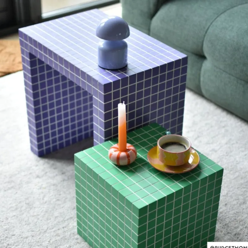 Xenos Bijzettafels-Bijzettafel kubus checks - groen - 30x30x30 cm