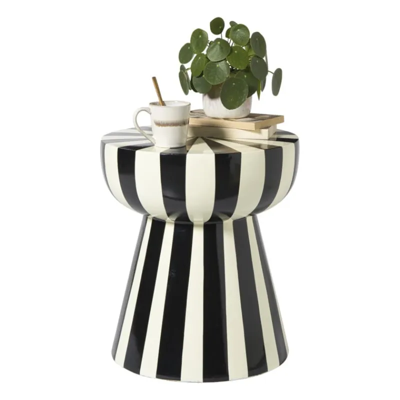 Xenos Bijzettafels-Bijzettafel stripes - beige/zwart - ø40x45 cm