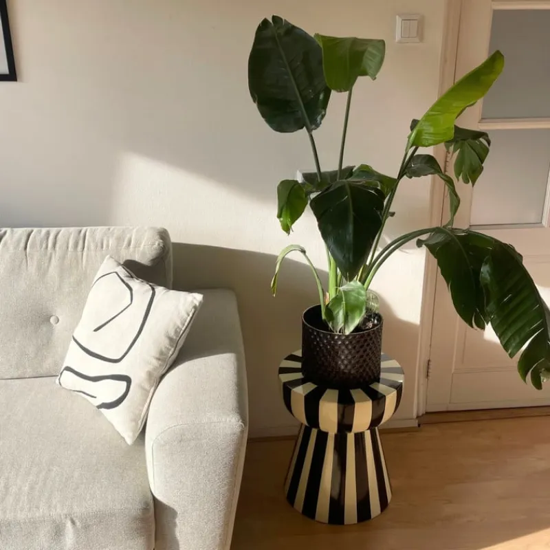 Xenos Bijzettafels-Bijzettafel stripes - beige/zwart - ø40x45 cm