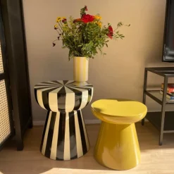 Xenos Bijzettafels-Bijzettafel stripes - beige/zwart - ø40x45 cm