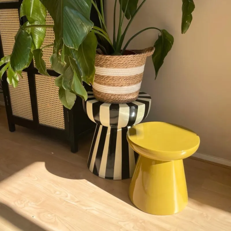 Xenos Bijzettafels-Bijzettafel stripes - beige/zwart - ø40x45 cm