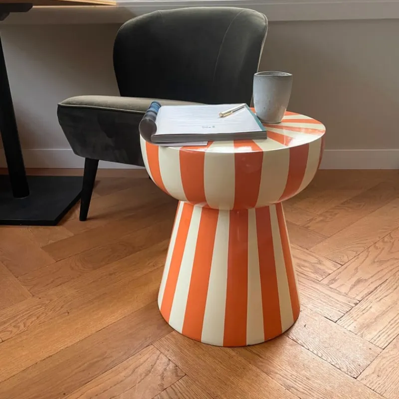 Xenos Bijzettafels-Bijzettafel stripes - beige/oranje - ø40x45 cm