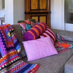 Xenos Kussens-Bolster kussen met strepen - paars/oranje - ø18x45 cm