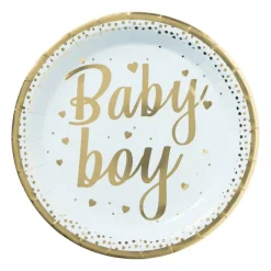 Xenos Wegwerpservies|Babyshower-Bord baby boy - blauw/goudkleurig - set van 8