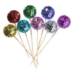 Xenos Wegwerpservies|Prikkers-Cocktailprikkers met discobal - multikleur - set van 8