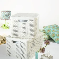 Curver Opbergbakken|Opbergboxen-opbergmand met deksel groot - wit - 23x44x33 cm