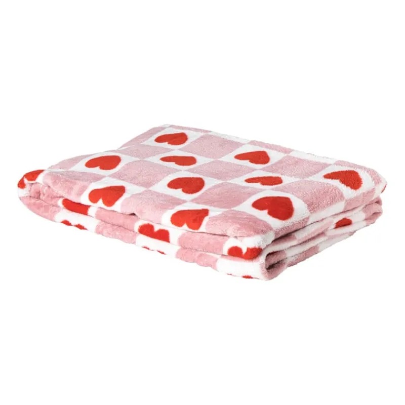 Xenos Plaids-Deken met hartjesprint - roze/rood - 160x130cm