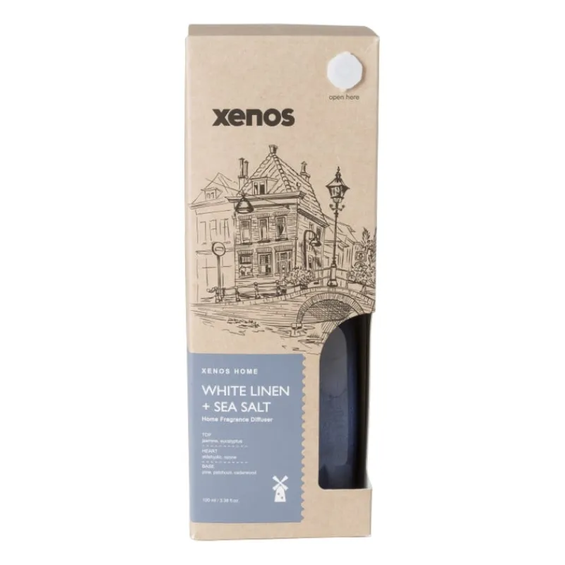 Xenos Kerstcadeaus|Geurstokjes-Diffuser white linen & sea salt - blauw - ø7.7x11.8 cm