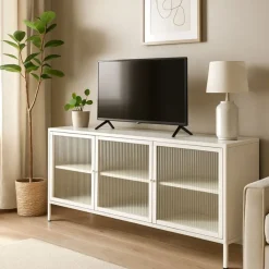 Xenos Tv Meubels|Kast Met Deuren-Dressoir Luca met geribbeld glazen deurtjes - offwhite - 50x120x42 cm