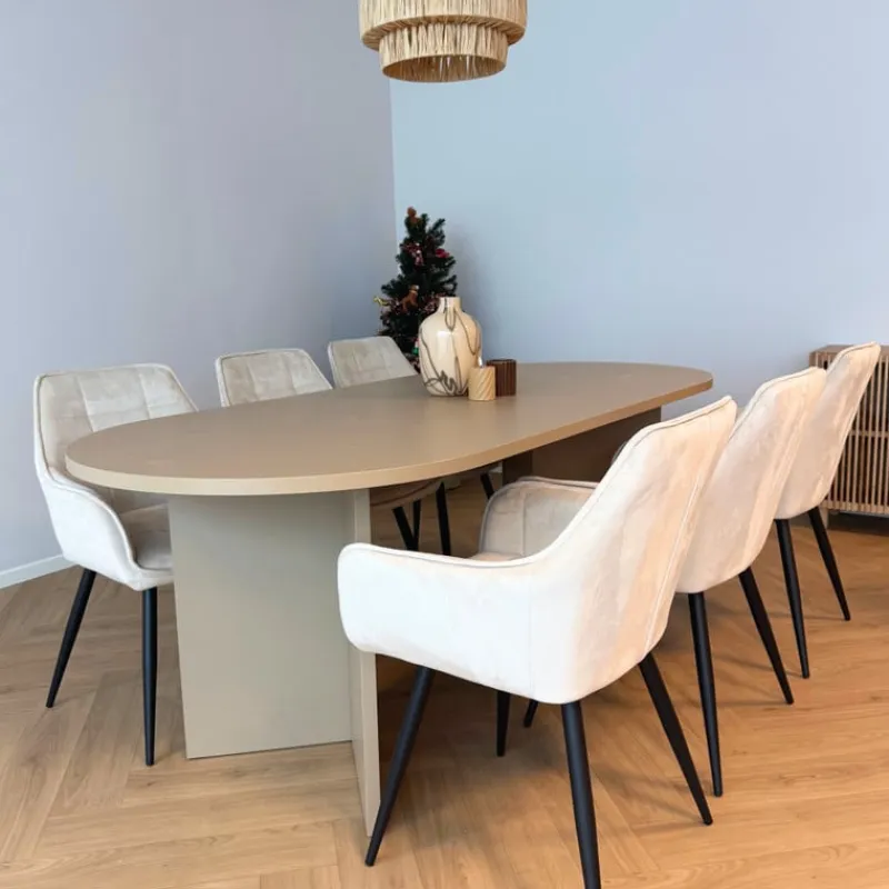 Xenos Eetkamerstoelen-Eetkamerstoel velvet met armleuning - beige - 87x56.5x43 cm
