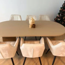 Xenos Eetkamerstoelen-Eetkamerstoel velvet met armleuning - beige - 87x56.5x43 cm