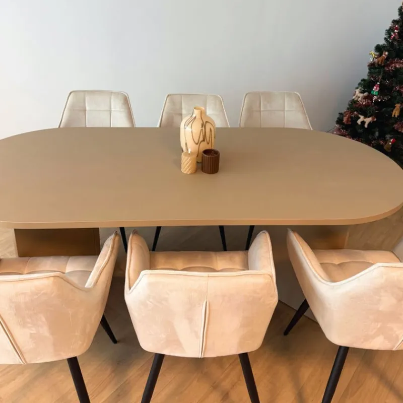 Xenos Eetkamerstoelen-Eetkamerstoel velvet met armleuning - beige - 87x56.5x43 cm
