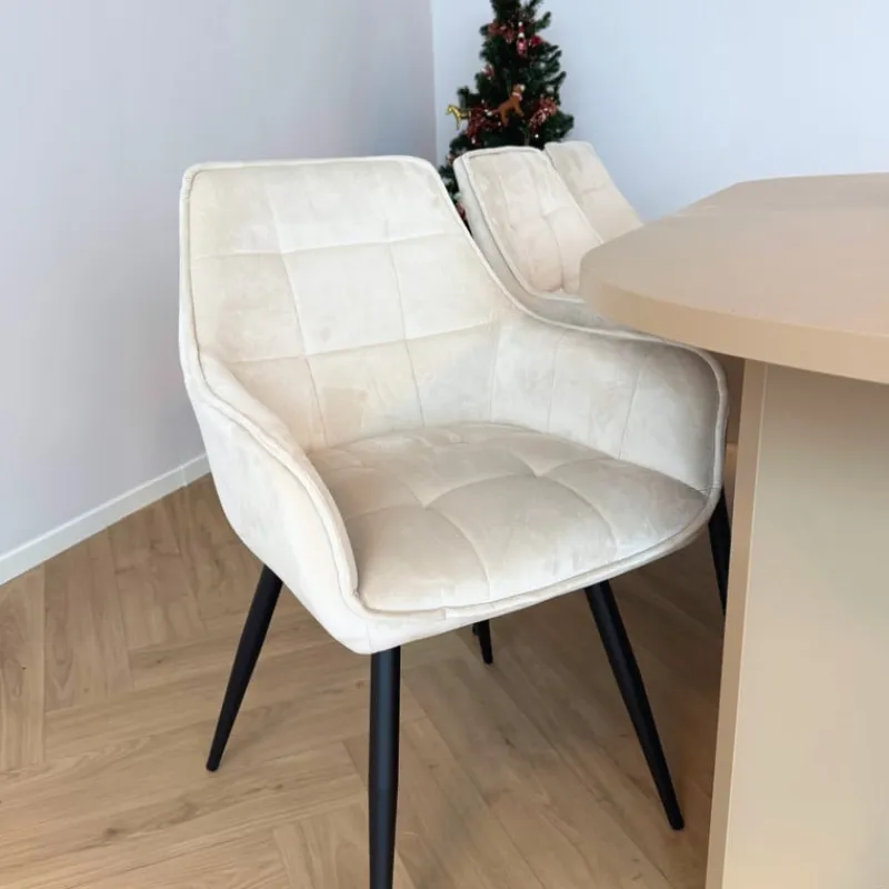 Xenos Eetkamerstoelen-Eetkamerstoel velvet met armleuning - beige - 87x56.5x43 cm
