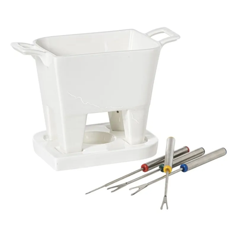 Xenos Fondue-Fondue set met 4 vorken - wit - 20x12x10.5 cm