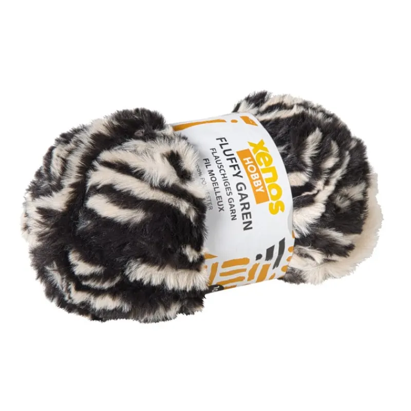 Xenos Garen-Garen fluffy - zwart/beige - 100 gram - 60 meter