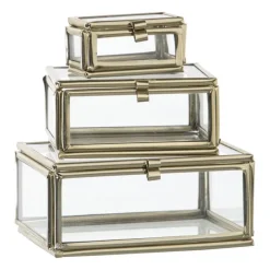 Xenos Sieraden Opbergen-Glazen doosjes - goudkleurig/transparant - set van 3