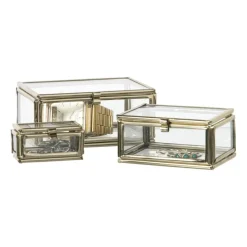 Xenos Sieraden Opbergen-Glazen doosjes - goudkleurig/transparant - set van 3