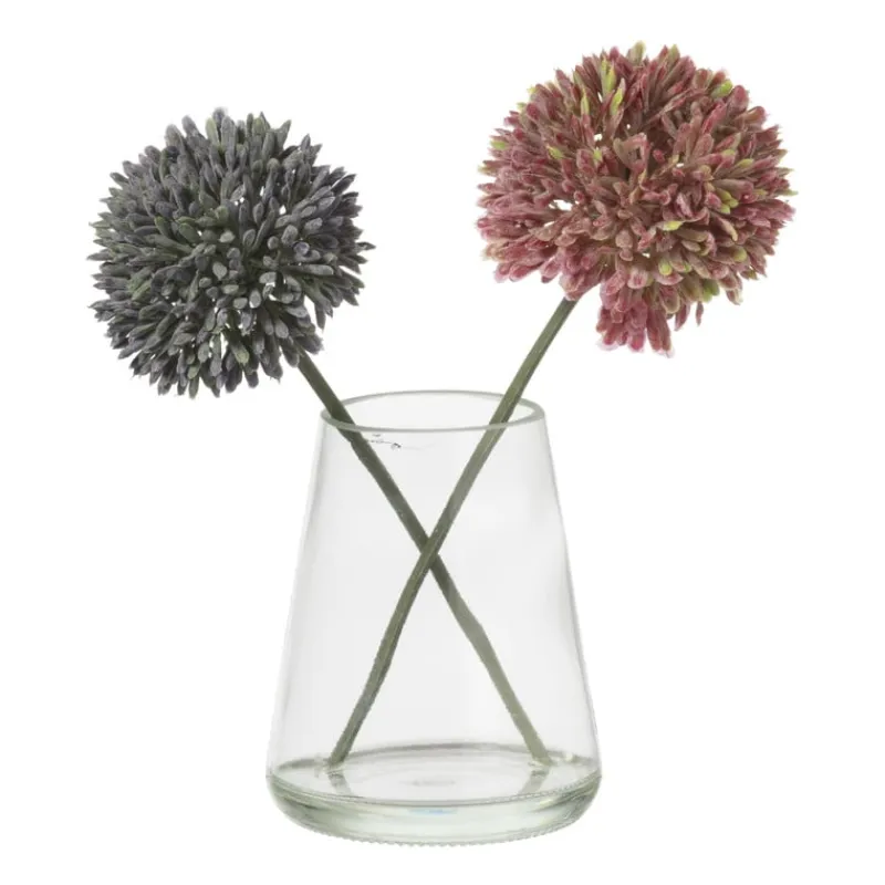Xenos Kunstbloemen-Glazen vaasje met allium bloem - roze/paars - 18x14x8 cm