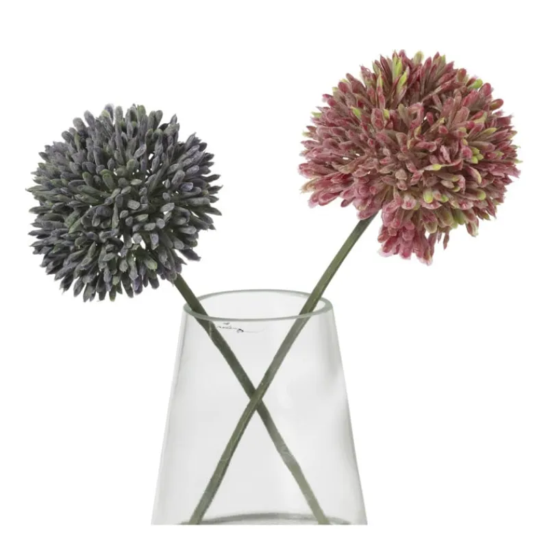 Xenos Kunstbloemen-Glazen vaasje met allium bloem - roze/paars - 18x14x8 cm