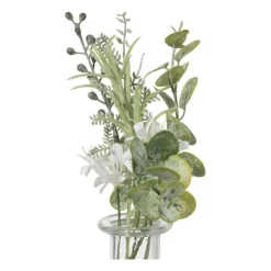 Xenos Kunstbloemen-Glazen vaasje met eucalyptus - groen - 28x24x12 cm
