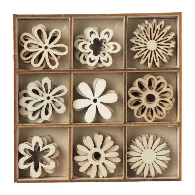 Xenos Knutselspullen-Houten bloemen in kistje - 10.5x10.5x2 cm