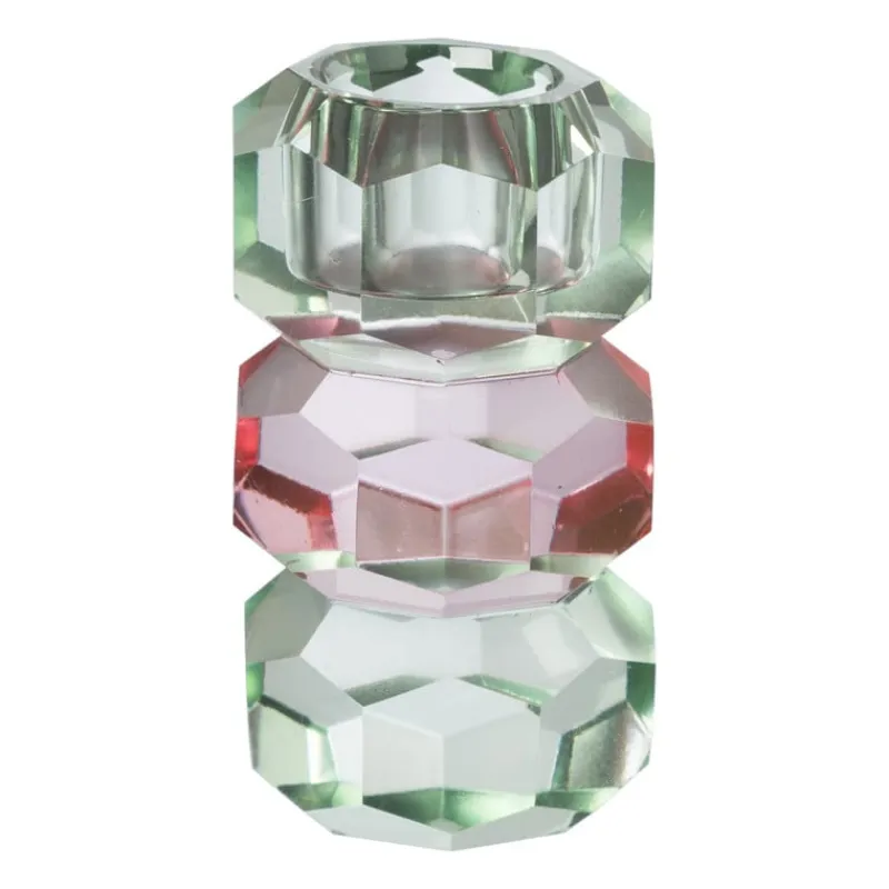 Xenos Kandelaars-Kandelaar kristal 3-laags - groen/roze - 4x4x7 cm