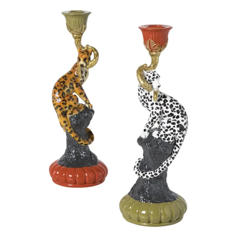 Xenos Kandelaars-Kandelaar luipaard - zwart/wit - ø11x30 cm