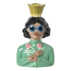 Xenos Kandelaars-Kandelaar vrouw met bloemen - groen - 19.5x13x9 cm