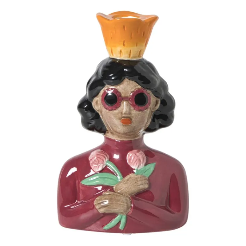 Xenos Kandelaars-Kandelaar vrouw met bloemen - roze - 19.5x13x9 cm
