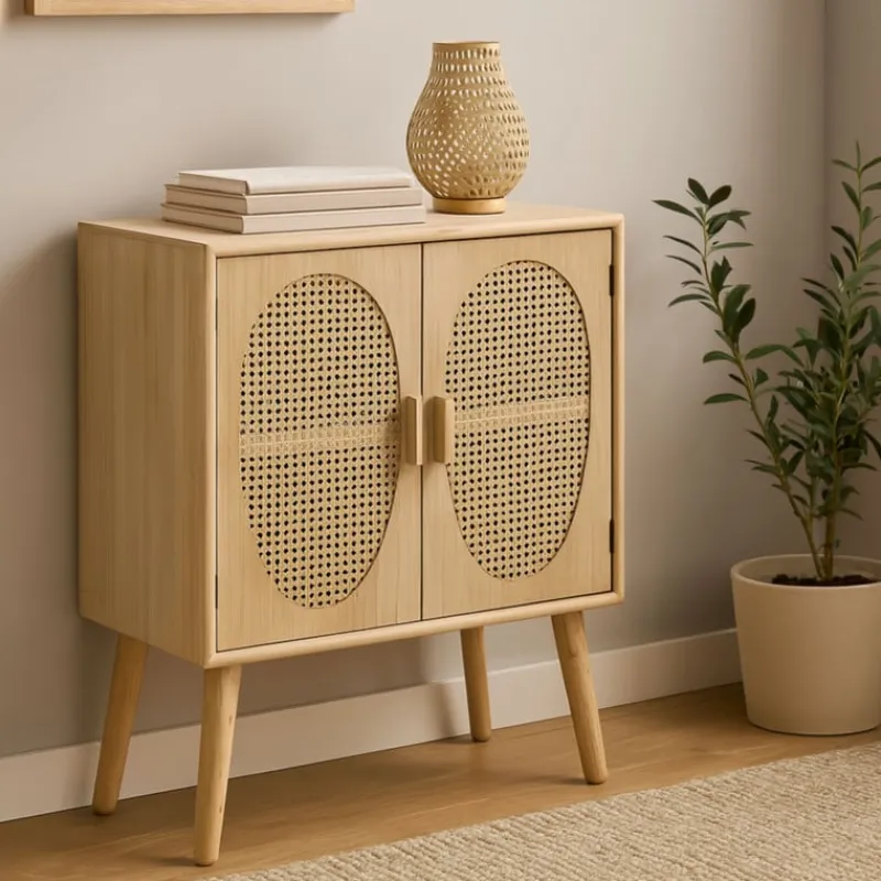 Xenos Tv Meubels|Kast Met Deuren-Kast Flores met ovalen vlakken - bruin - 78x70x37.5 cm