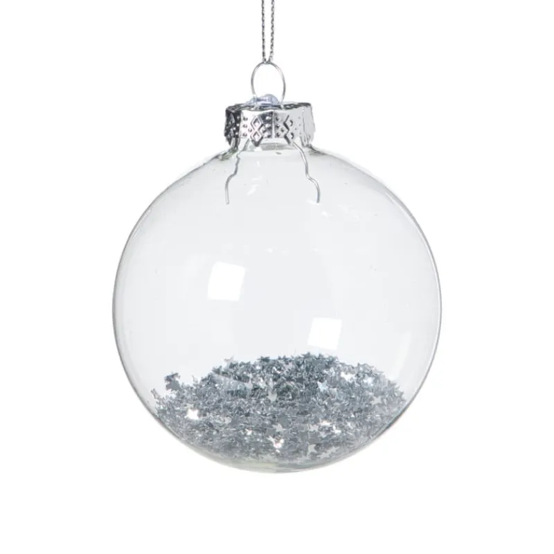 Xenos Kerstballen-Kerstbal glas met zilveren glitters - transparant/zilverkleurig