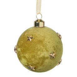 Xenos Kerstballen-Kerstbal velvet met sterren - groen/goudkleurig