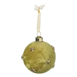 Xenos Kerstballen-Kerstbal velvet met sterren - groen/goudkleurig