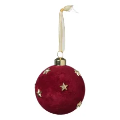 Xenos Kerstballen-Kerstbal velvet met sterren - rood/goudkleurig