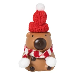Xenos Kerstfiguren-Kerstbeeldje capibara met LED - rood/bruin - 10 cm