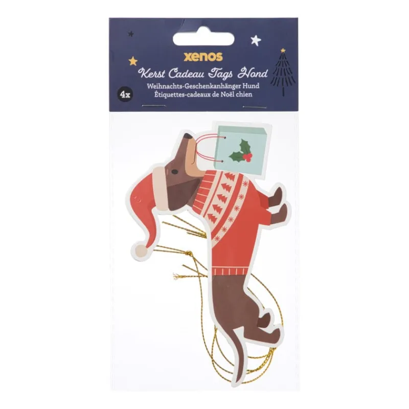 Xenos Kerst Inpakken-Kerstcadeau tags - teckel - set van 4
