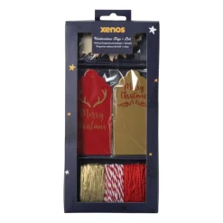 Xenos Kerst Inpakken-Kerstcadeau tags met lint - rood/goud - set van 18