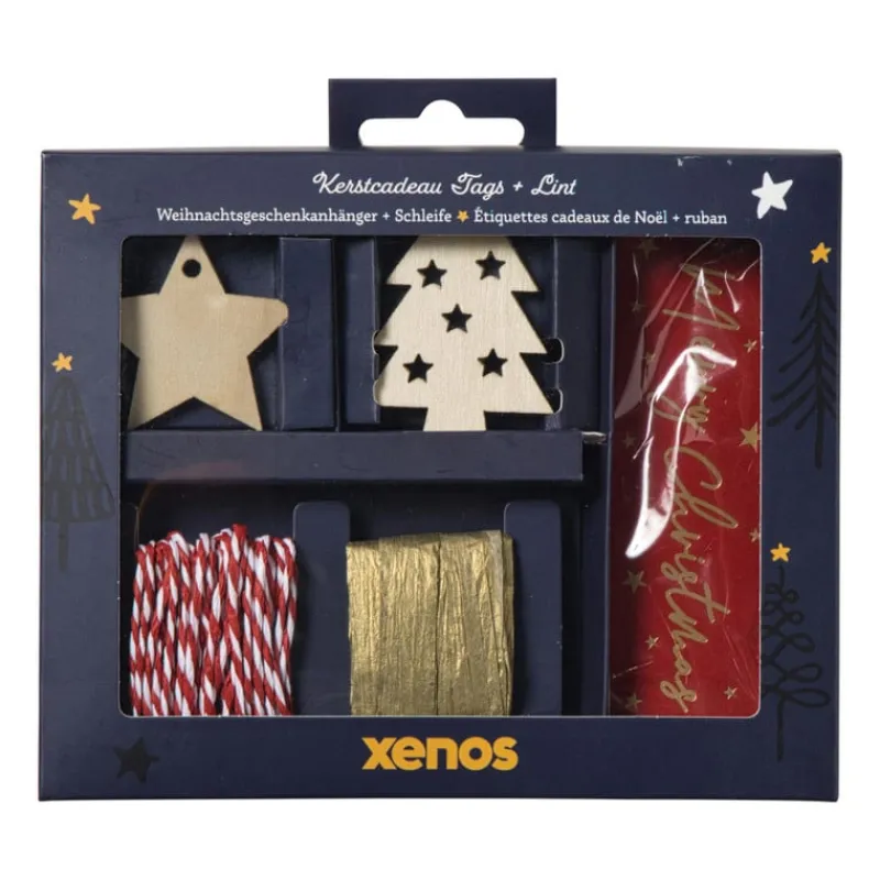 Xenos Kerst Inpakken-Kerstcadeau tags met lint - multikleur - set van 10