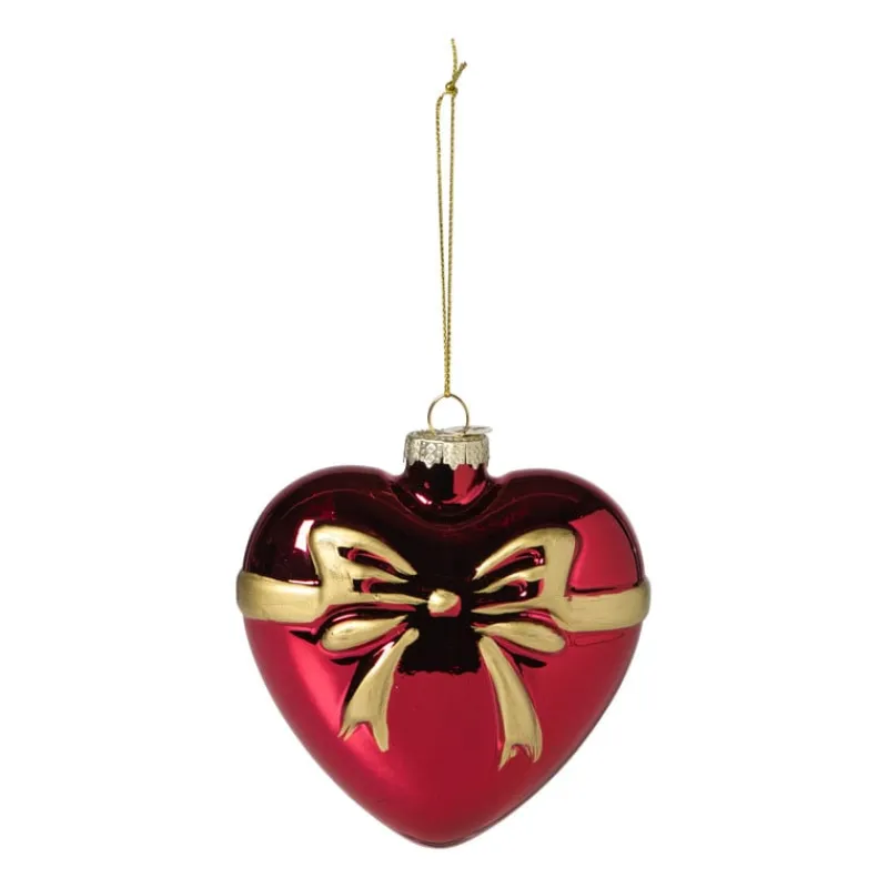 Xenos Kerstcadeaus|Kersthangers-Kersthanger hart met strik - bordeaux rood - 10.5x10x4.5 cm