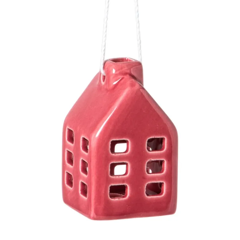 Xenos Kersthangers|Kerstballen-Kersthanger huisje keramiek - rood - 5.5x3.5x3.5 cm