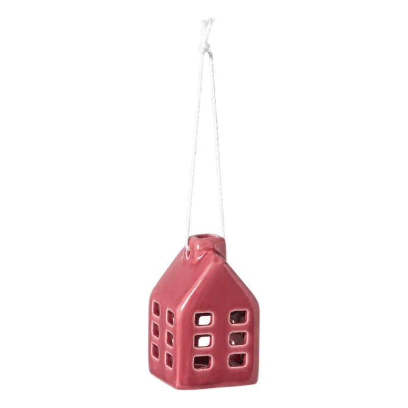 Xenos Kersthangers|Kerstballen-Kersthanger huisje keramiek - rood - 5.5x3.5x3.5 cm