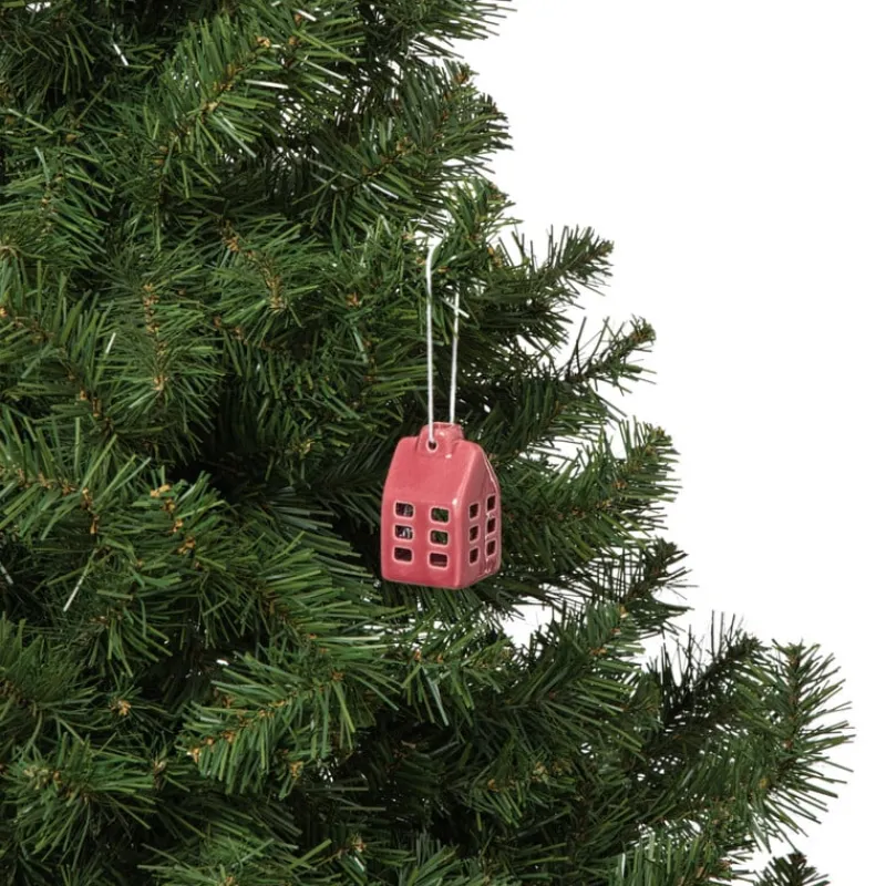 Xenos Kersthangers|Kerstballen-Kersthanger huisje keramiek - rood - 5.5x3.5x3.5 cm