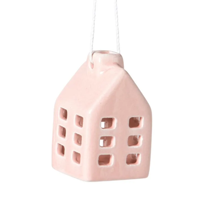 Xenos Kersthangers|Kerstballen-Kersthanger huisje keramiek - roze - 5.5x3.5x3.5 cm