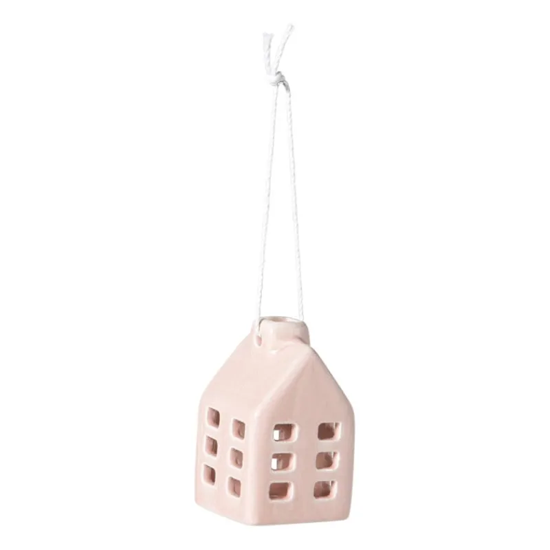 Xenos Kersthangers|Kerstballen-Kersthanger huisje keramiek - roze - 5.5x3.5x3.5 cm