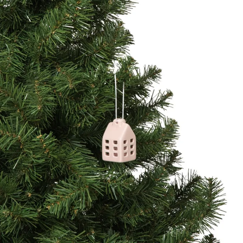 Xenos Kersthangers|Kerstballen-Kersthanger huisje keramiek - roze - 5.5x3.5x3.5 cm